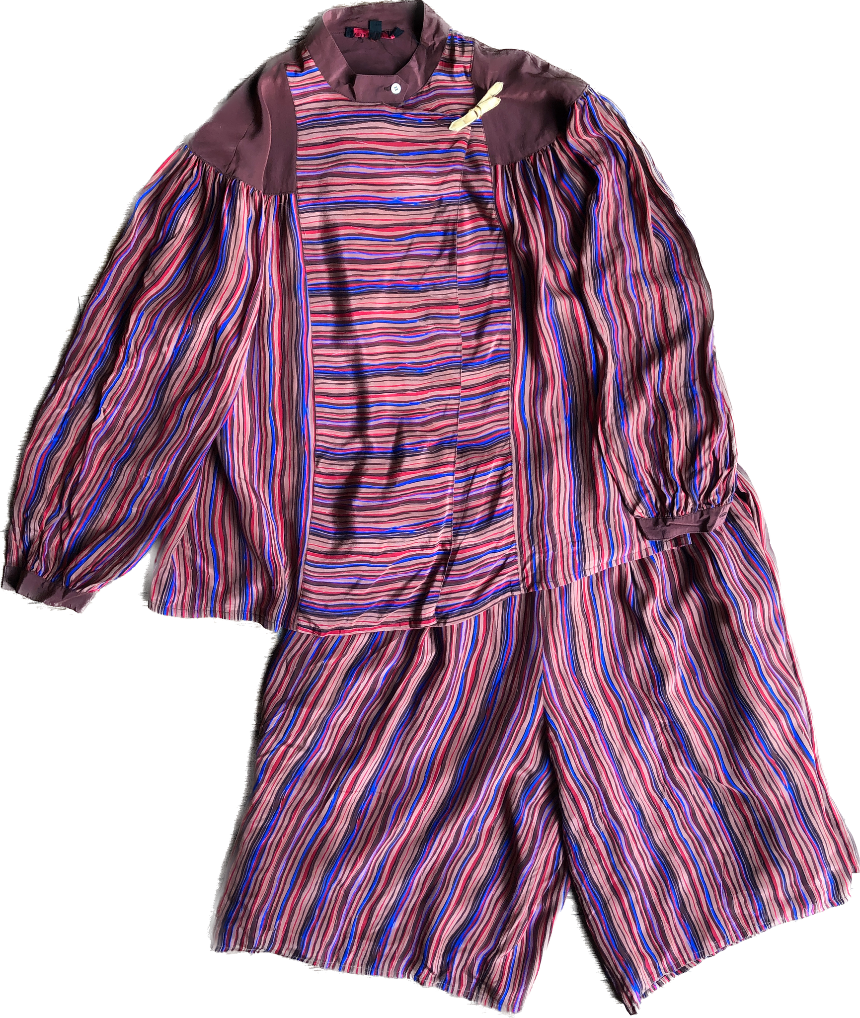 80s Abiana Brown Silk Striped Short & Top Set     w26-28
