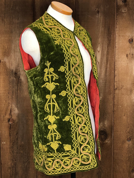 70s Grn Emb. Velvet Tunic Vest     M
