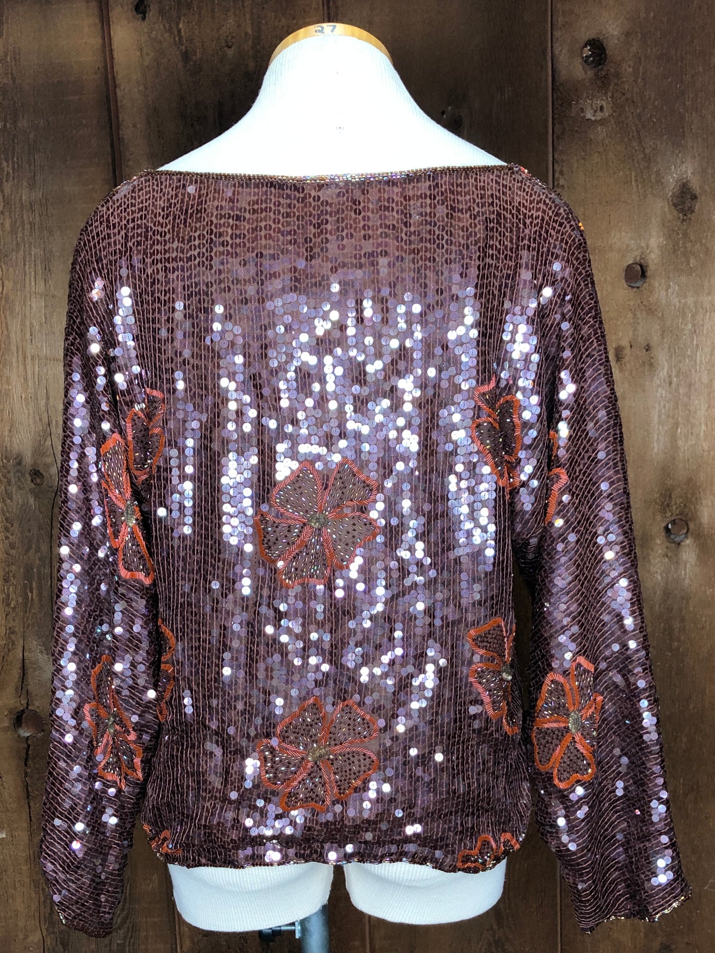 70s Sequin Brown Flower Top    M/L