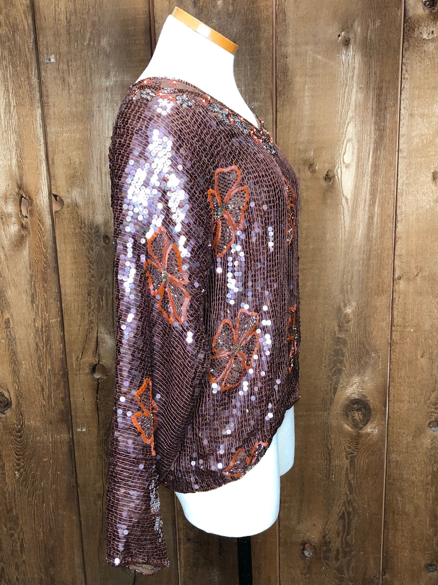 70s Sequin Brown Flower Top    M/L