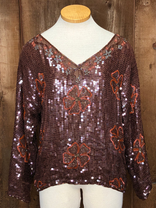 70s Sequin Brown Flower Top    M/L
