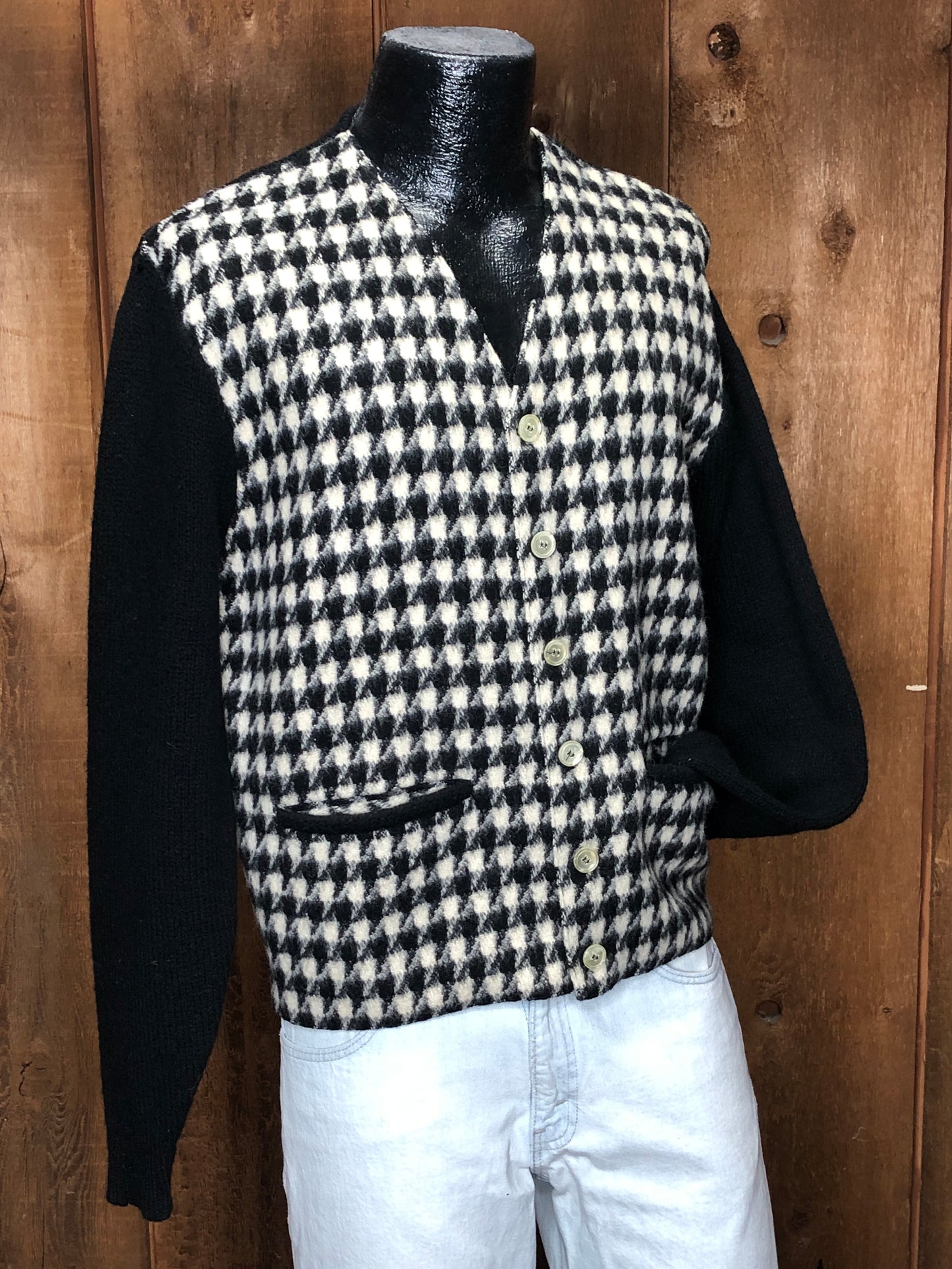 60s Arrow Blk Houndstooth Wool Cardigan     M