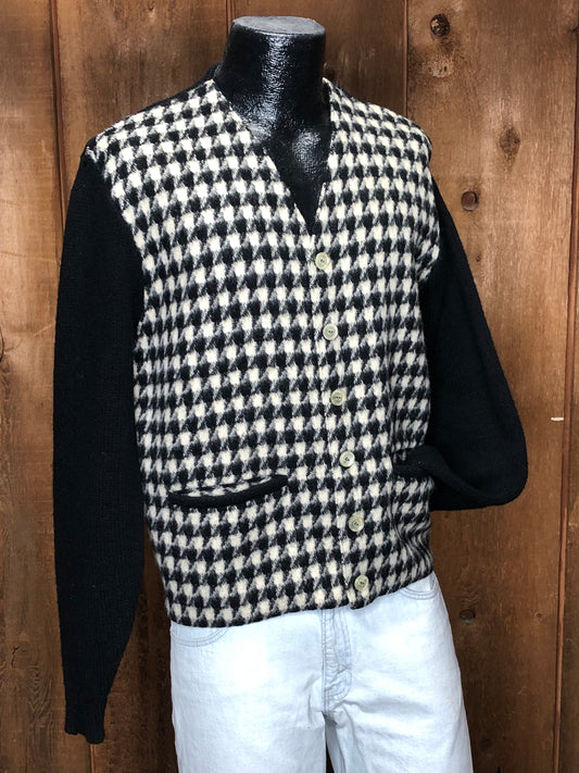 60s Arrow Blk Houndstooth Wool Cardigan     M