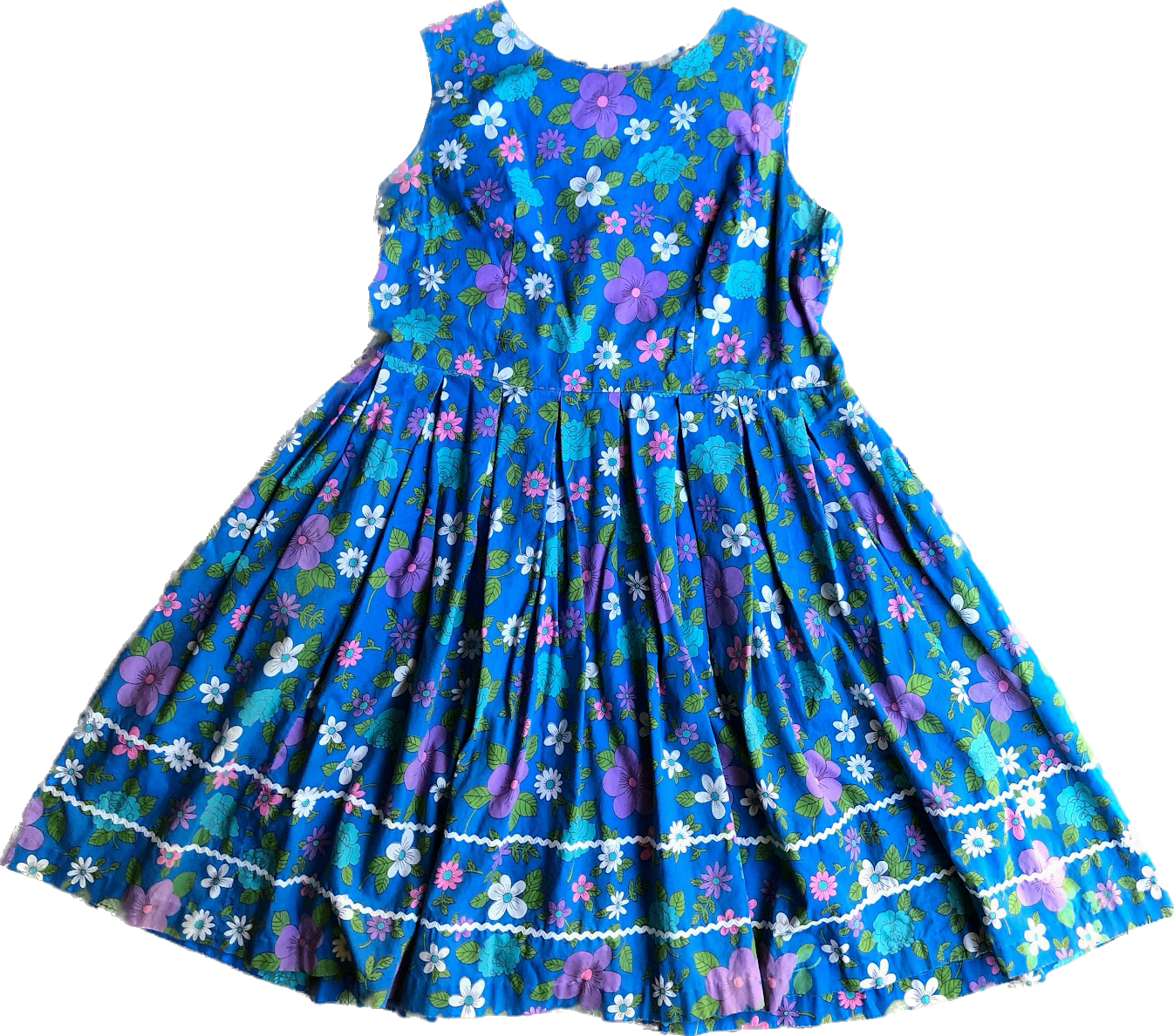 60s Flower Power Blue/Teal/Purple  Slvlss Dress    W40(XL)