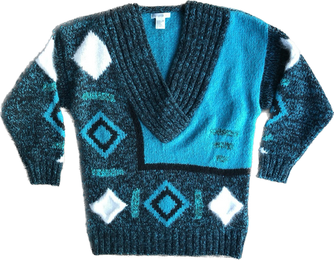 90s Geometric Teal Angora Art Sweater   M
