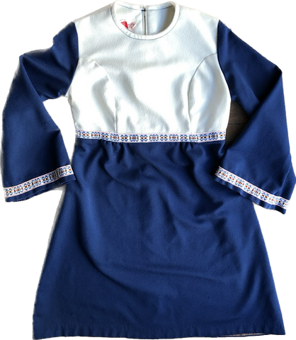70s Dyanne Jrs. Blue/Wht Bell Sleeve Mini Dress  w30