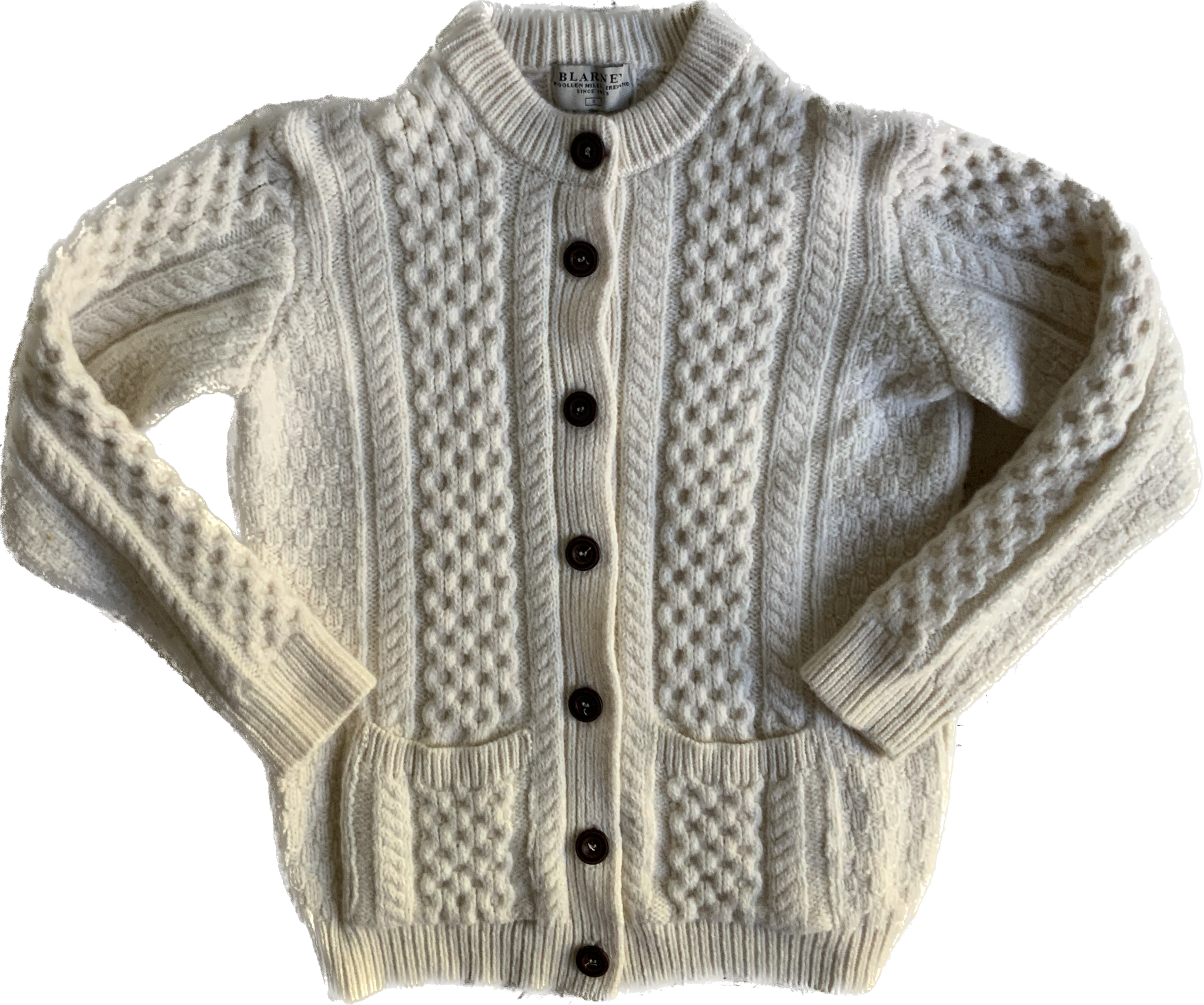 90s Blarney Ivory Merino Wool Cable Knit Cardigan    S
