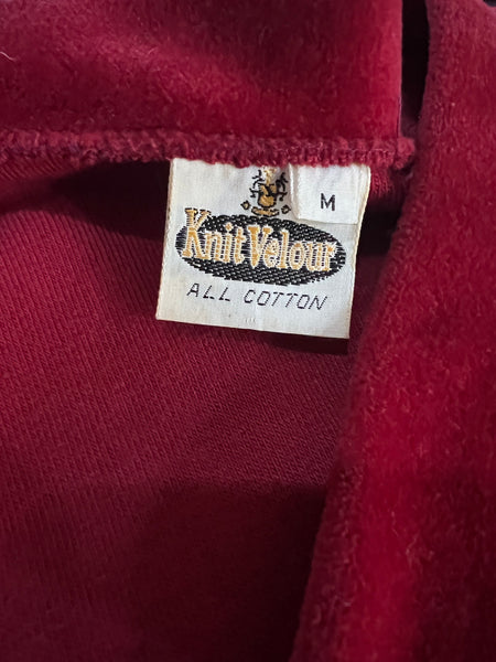 70s Red Cotton Velour Cardigan        M