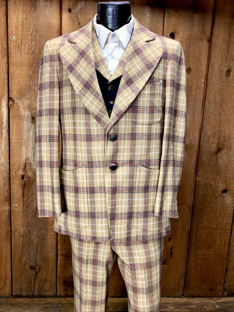 70s Jules De Bergerac Plaid 3pc Suit       35x31