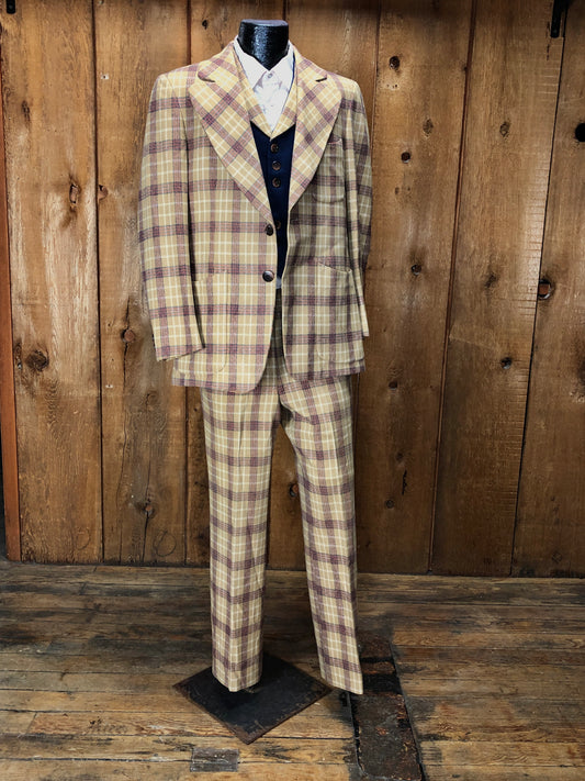 70s Jules De Bergerac Plaid 3pc Suit       35x31