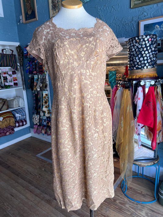 50s Norman Bronze/Sand Floral Lace Sheath Dress   w34