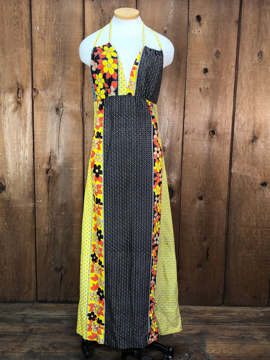 70s Yllw/Brwn Pop Art Halter Maxi Dress    M
