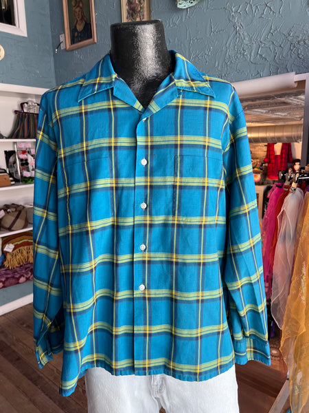 50s JCP Loop Collar Blue/Yllw Shirt    XL