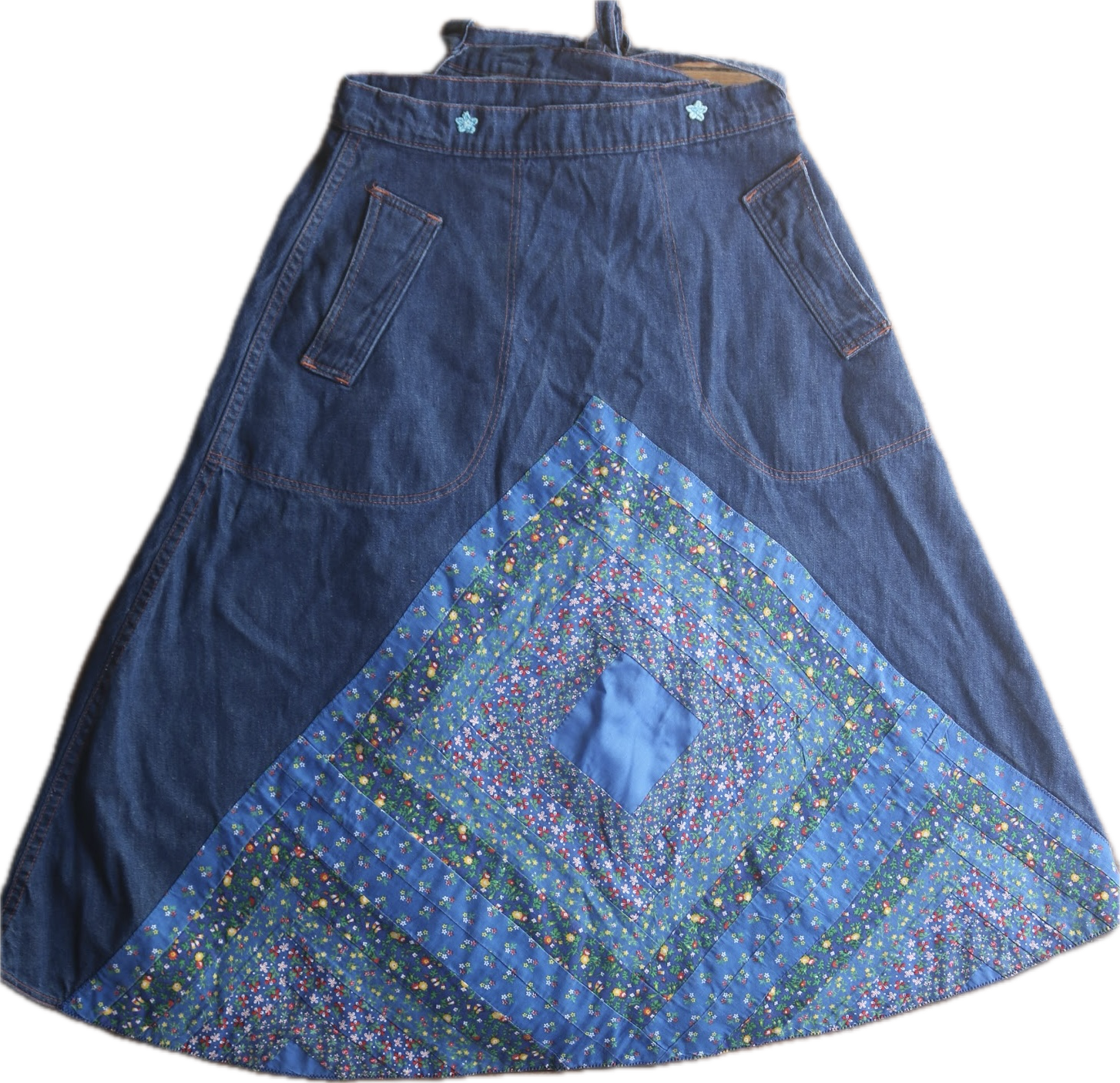 70s Glad Rags Denim Quilted Calico Skirt   w26-30