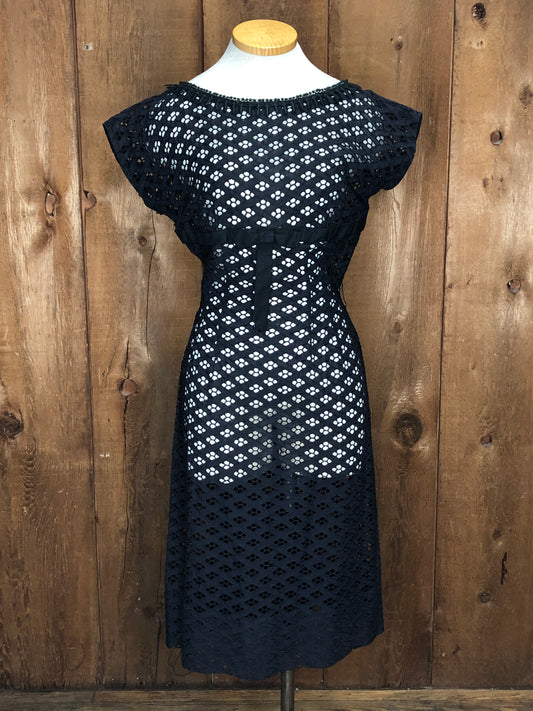 60s Black Lace Dress w/Bow     W28"