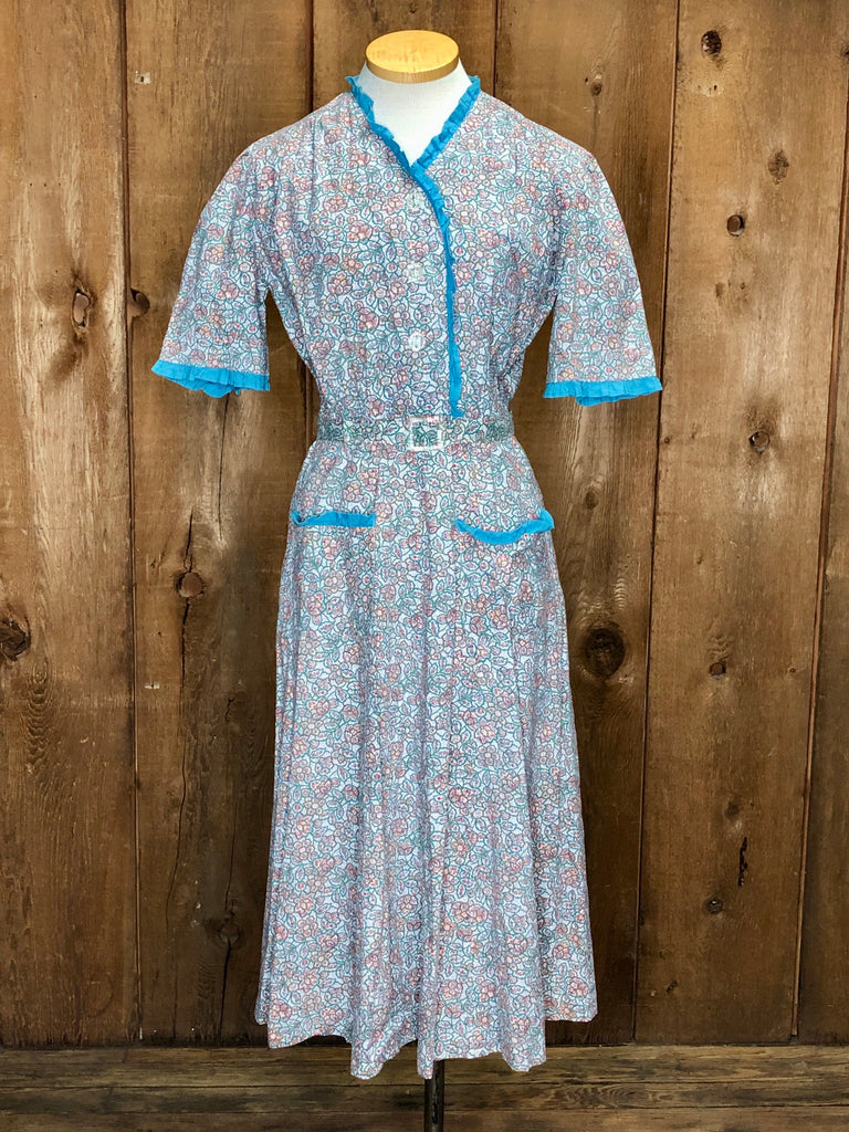 40s Cotton Floral Blue Trim Dress   W28"
