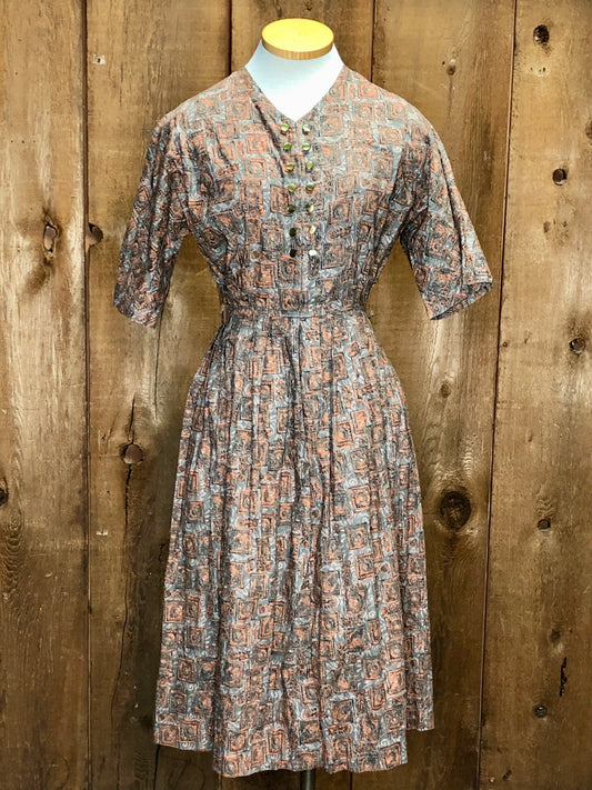 50s Orng Medallions Cotton Dress    W27"