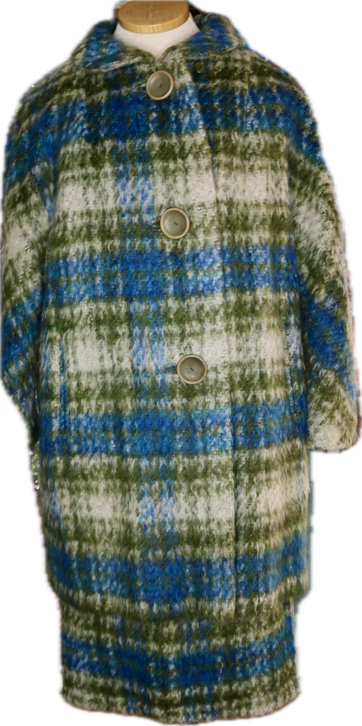 60s Gilbert Green/Blue Mohair Skirt/Coat Set   w34