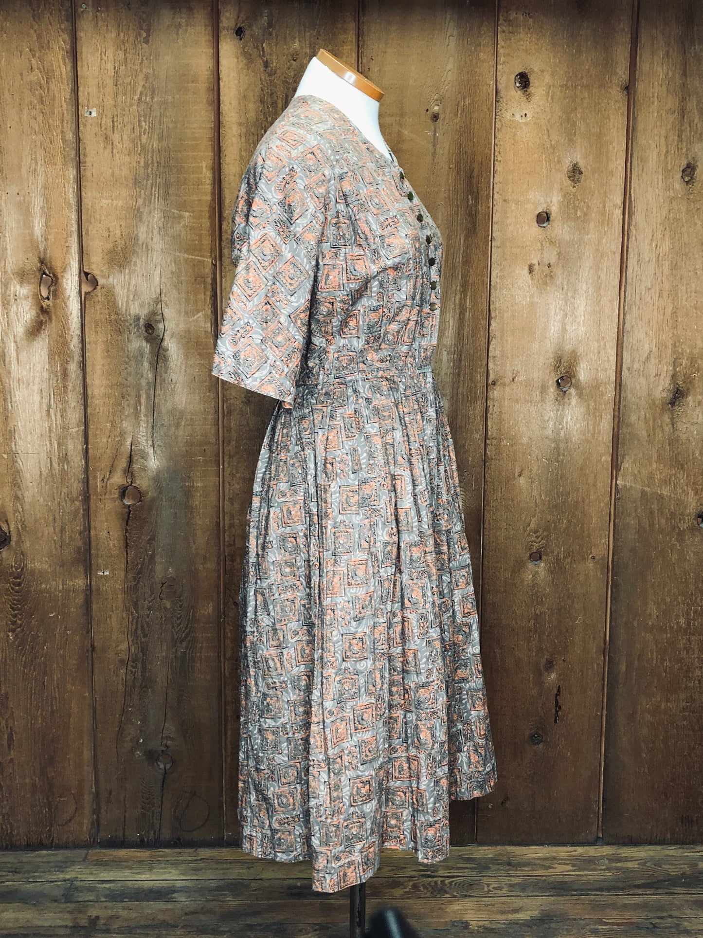 50s Orng Medallions Cotton Dress    W27"