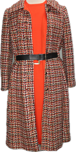 70s Stephan Casuals Orange/Blk/Tan Tweed Coat &  Dress Set   w36