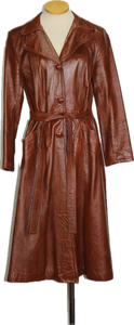 70s Leather Wet Look Trench Coat       Medium