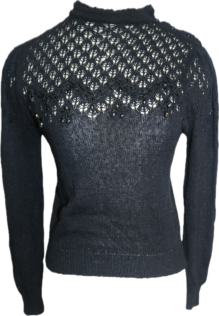 80s Currants Black Knit & Glass Gem Sweater      M