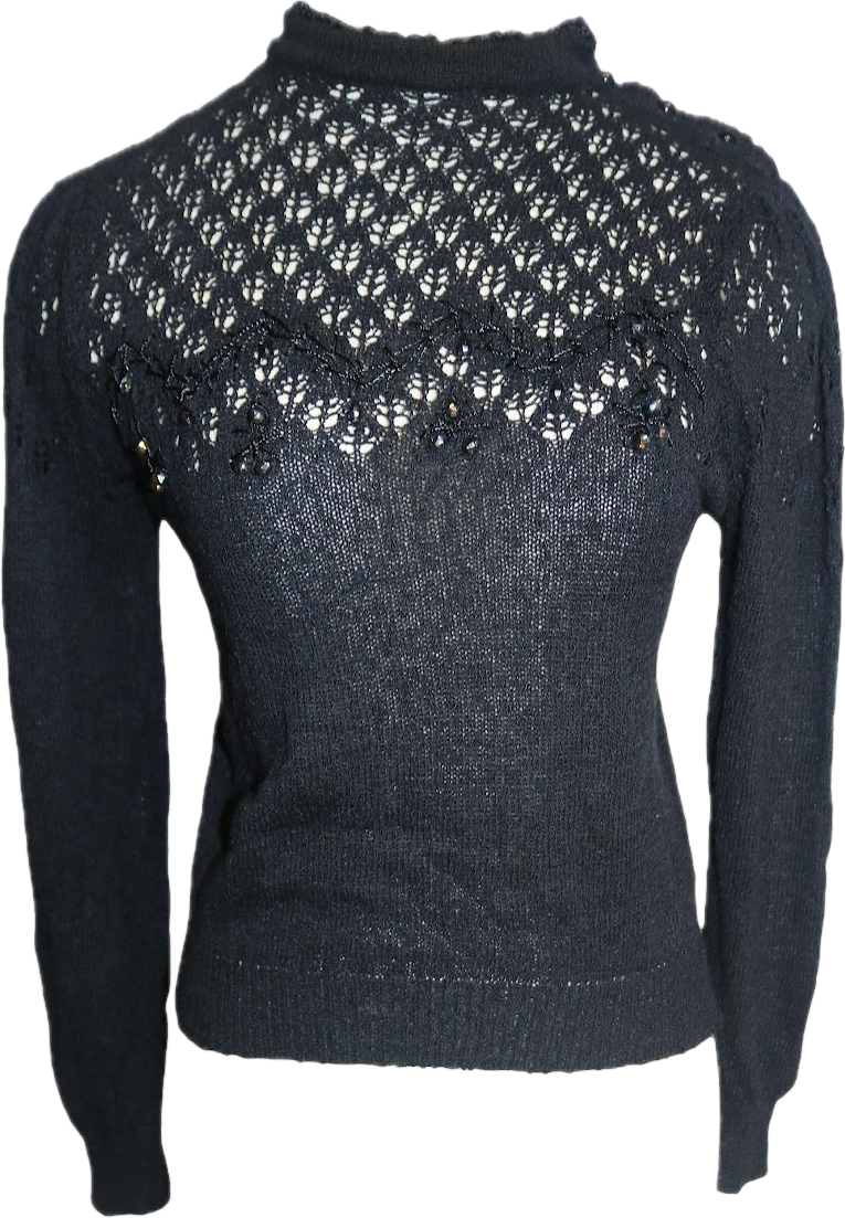 80s Currants Black Knit & Glass Gem Sweater      M