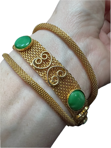 60s Gold Tone Green Cabachon & Robe Bracelet