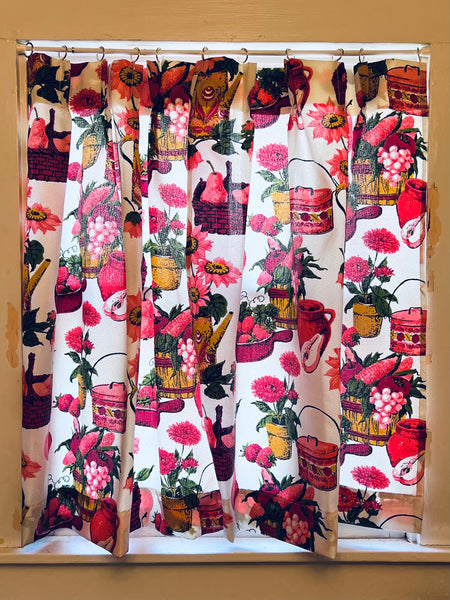 1950s Barkcloth Fruit & Flowers Kitchen Curtains - 2 Panels