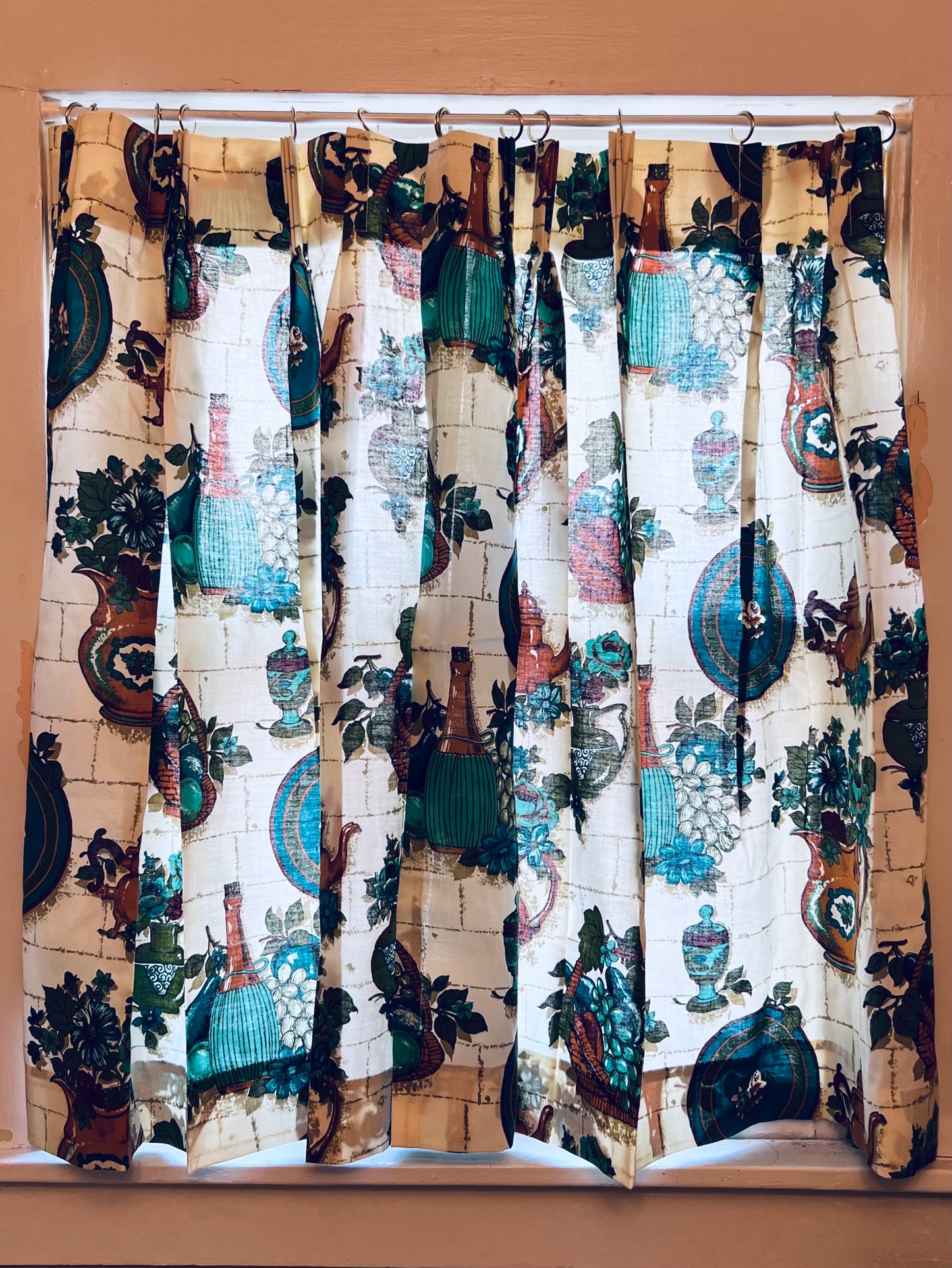 1950s Barkcloth Olive Oil Kitchen Curtains - 2 Panels