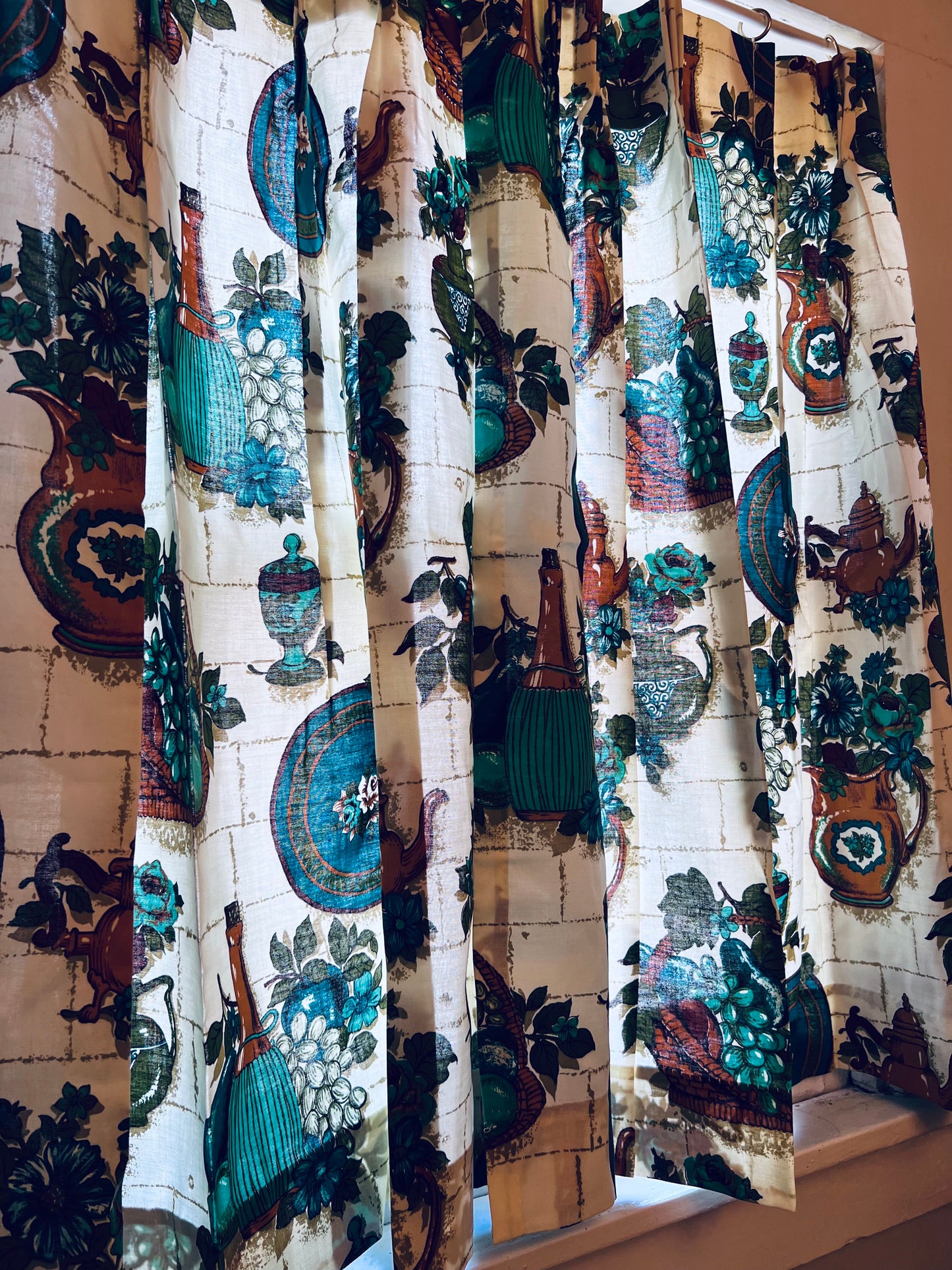 1950s Barkcloth Olive Oil Kitchen Curtains - 2 Panels