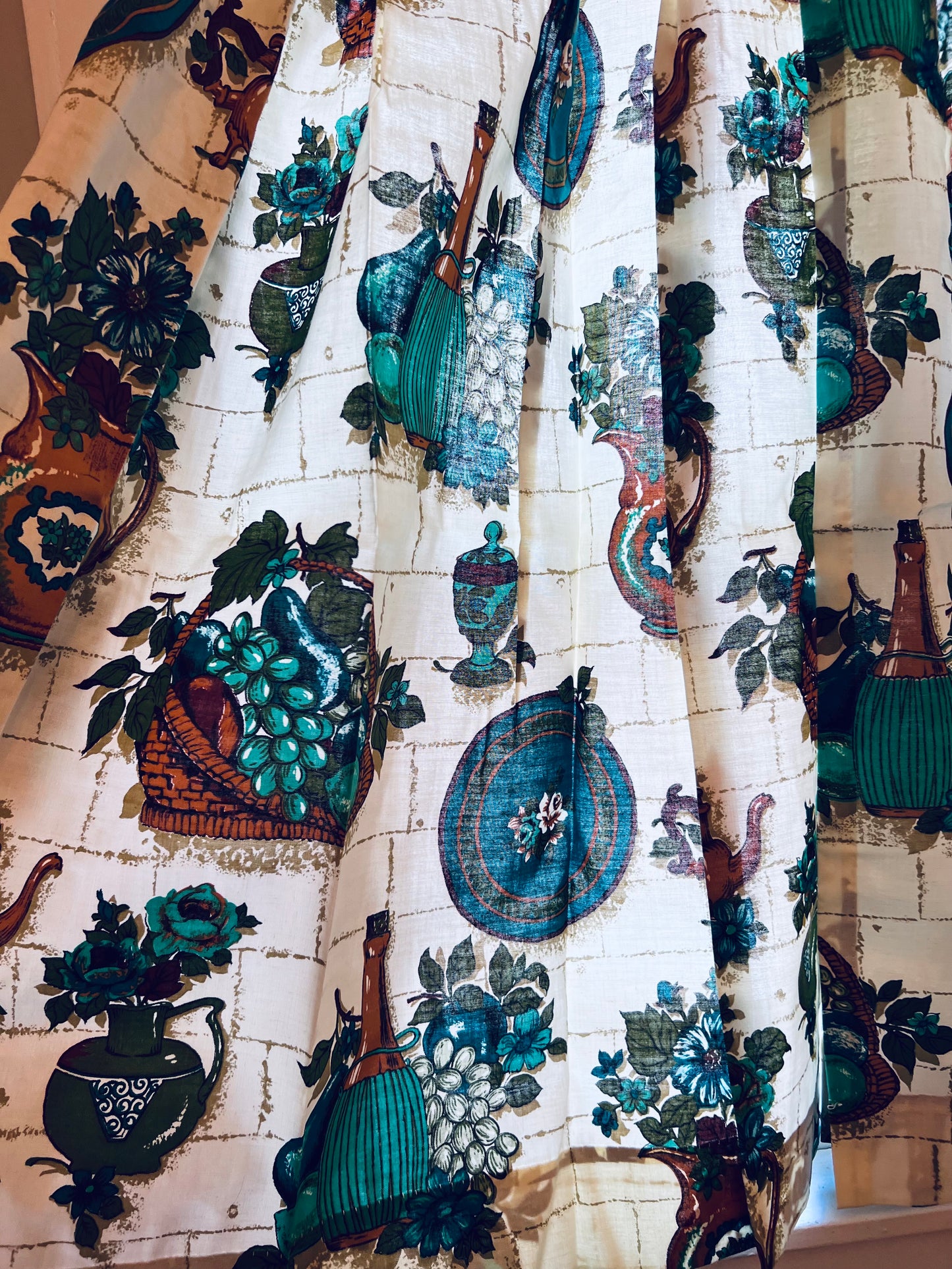 1950s Barkcloth Olive Oil Kitchen Curtains - 2 Panels