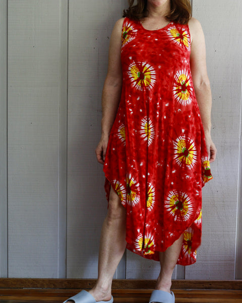 90s Red/Yllw/Wht Tie-Dye Sundress     M/L