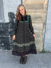 70s Gunne Sax Calico on Blk Midi Dress    S/M