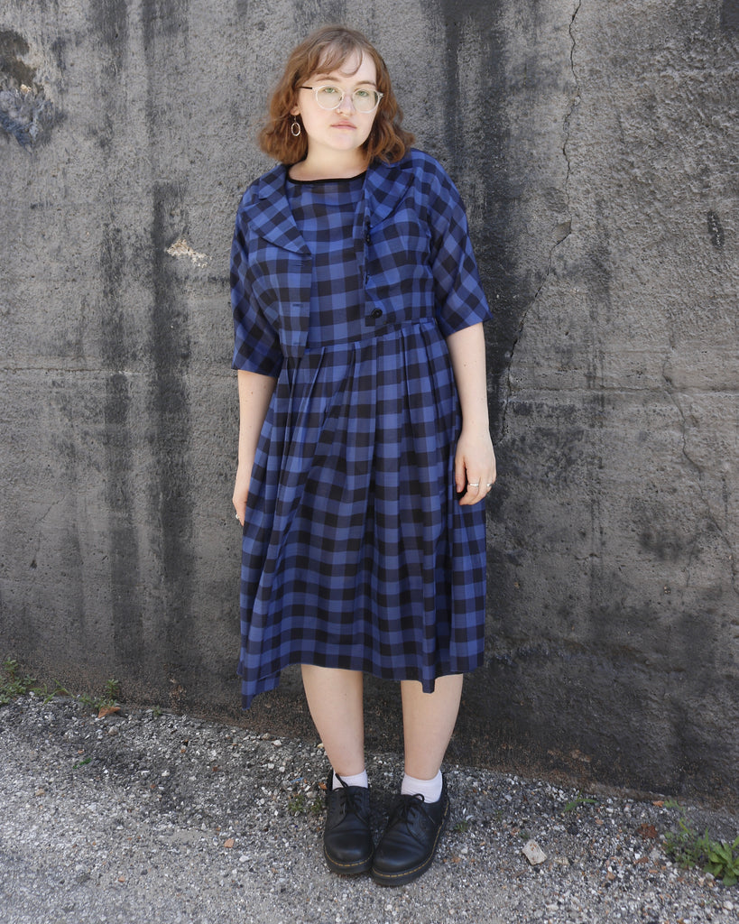 60s DAUPHINE Blue Buffalo Plaid Dress     W34