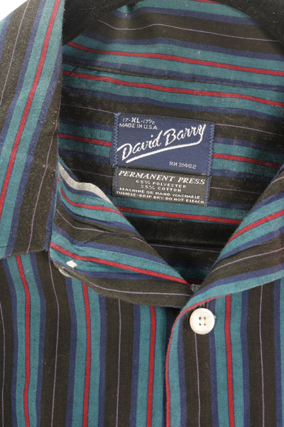 80s David Barry Blk/Blue Striped Shirt   XL