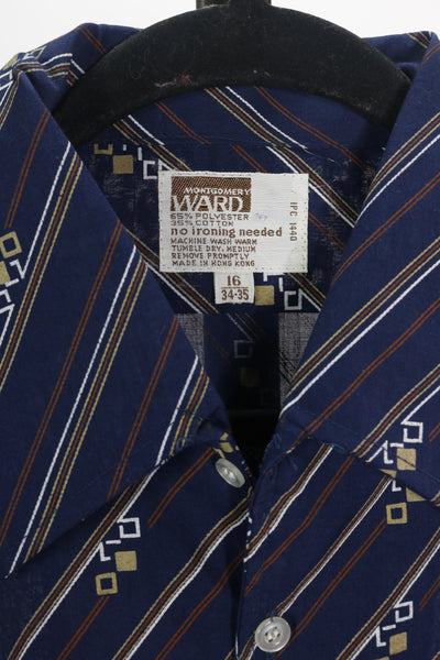 70s Ward Navy Diag. Stripe Shirt        L