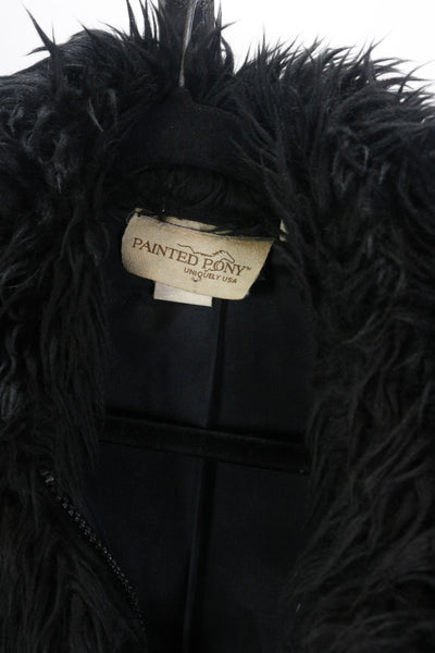 80s Painted Pony Black Faux Fur Vest     L