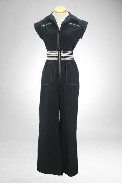 70s Black Cotton Jumpsuit    S/M