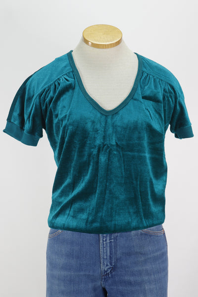 80s Teal Velour VNeck Top      M