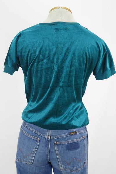 80s Teal Velour VNeck Top      M