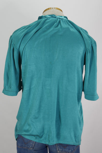 70s Ardee Teal Jersey & Satin Top      M