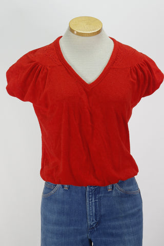 70s Red Terry Cloth V-Neck Top      S