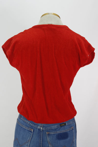 70s Red Terry Cloth V-Neck Top      S