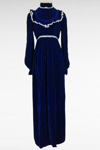 70s Blue Velvet & Lace Maxi Dress       w28