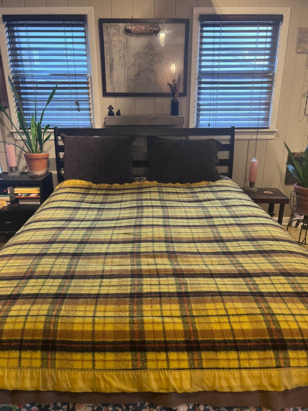 60s Fashion Manor Yellow Plaid Blanket      62” X 76”