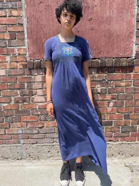 70s Embroidered Blue Gauze Maxi Dress   s/m