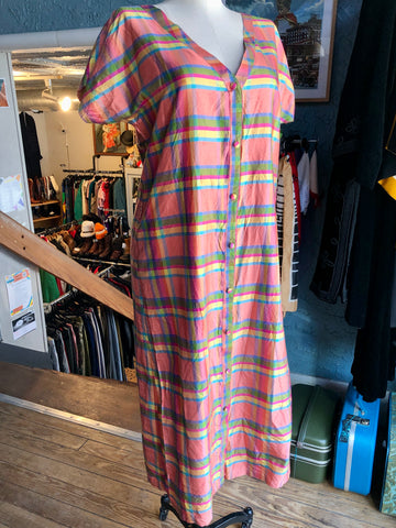 80s Silk Dupioni Plaid Shirt Dress             w44