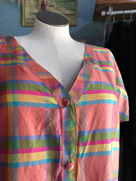 80s Silk Dupioni Plaid Shirt Dress             w44