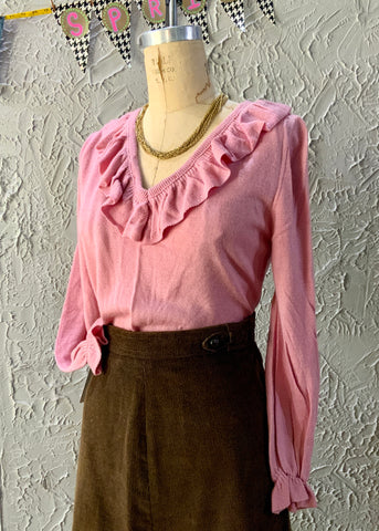 70s Mauve Ruffle Knit Top     L